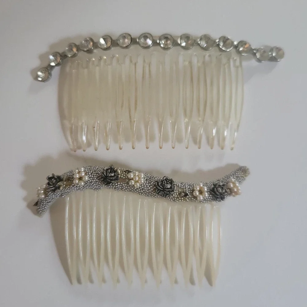 Vintage‎ Floral Pearl & Rhinestone Hair Comb Set Made in USA Size  Coquette